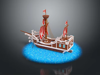 Model Wooden Sailboat With Red And White Striped Sails Masts And Blue Water Ripples 3d model