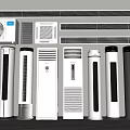 Modern Air Conditioners and Fans with Various Styles Including Standing Units and Wall Mounted Designs