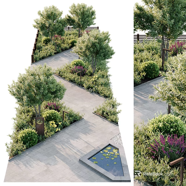 Beautiful Garden Pathway Landscaping with Trees Bushes and Lily Pad Pond Surrounded by Greenery Plants 3d model 