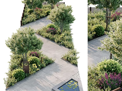 Beautiful Garden Pathway Landscaping with Trees Bushes and Lily Pad Pond Surrounded by Greenery Plants 3d model