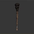 Antique Hand Carved Wooden Staff Featuring Intricate Skull Head Design