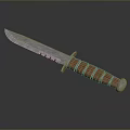 Tactical Serrated Survival Knife With Blue Blade Brown Striped Wooden Handle And Metal End
