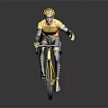 Professional Cyclist In Yellow Jersey And Helmet Riding Yellow Bicycle On Gray Background