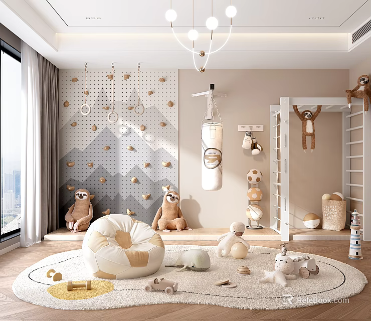 Cozy Playroom With Plush Toys Wall Decor And Soft Seating 3d model 