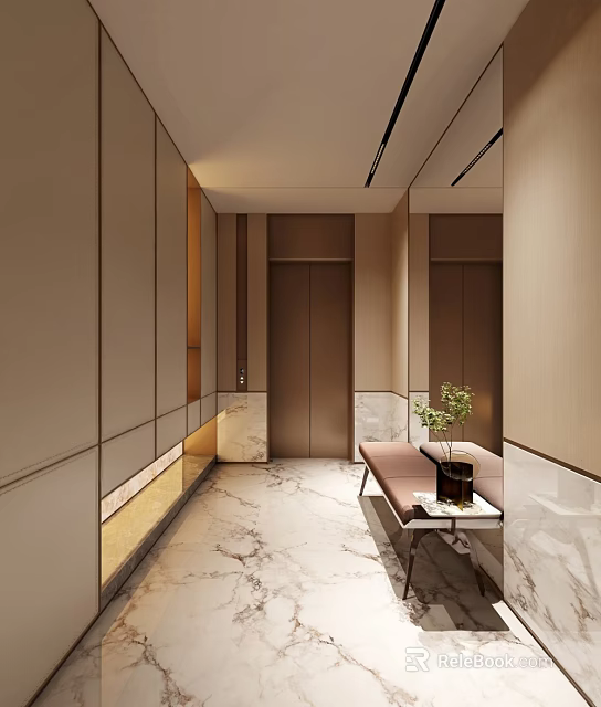 Modern Entryway Design With Beige Panels Marble Flooring Bench Side Table And Potted Plant 3d model 