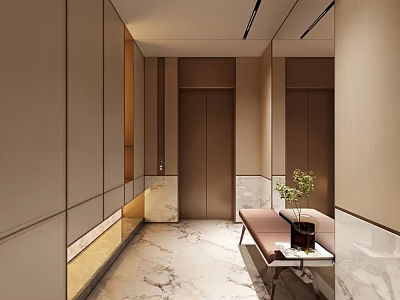 Modern Entryway Design With Beige Panels Marble Flooring Bench Side Table And Potted Plant 3d model
