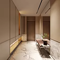 Modern Entryway Design With Beige Panels Marble Flooring Bench Side Table And Potted Plant