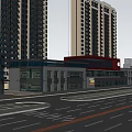 Modern Commercial Street with High Rise Buildings Glass Curtain Walls Pedestrians and Shops