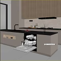 Modern Kitchen With Grey Cabinets Wooden Upper Cabinets Black Countertop And Open Dishwasher