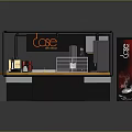 Stylish Cafe Counter With Black Frame Orange Top Coffee Machine Cups And Red Sign