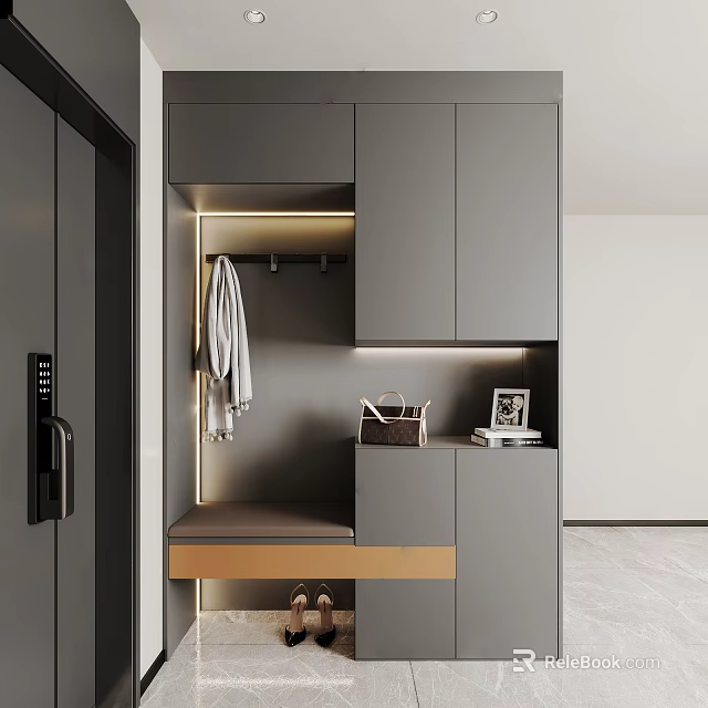 Modern Gray Shoe Cabinet With Clothing Hanging Area Bench And Light Strip 3d model 