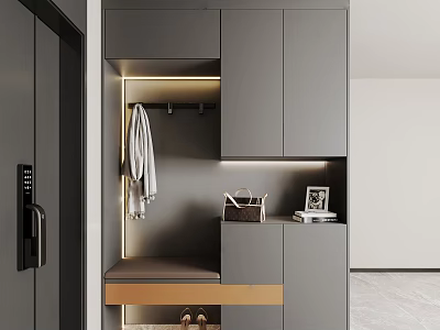 Modern Gray Shoe Cabinet With Clothing Hanging Area Bench And Light Strip 3d model