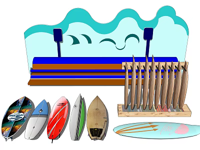 Wave Shaped Playground Equipment With Blue Background And Colorful Surfboards 3d model