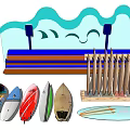 Wave Shaped Playground Equipment With Blue Background And Colorful Surfboards
