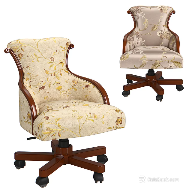 Light Colored Single Sofa Featuring Wooden Armrests Floral Fabric And Wheels 3d model 