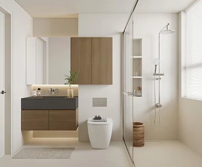 Modern Bathroom Interior Design With Wooden Cabinets Mirror Vanity Toilet Plant And Shower Area 3d model