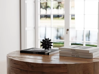 Decorative Ornament Set on Round Wooden Table With Stack of Books And Black Star Ornament 3d model