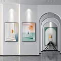 Modern Art Gallery Interior With Abstract Geometric Paintings Arched Doorway And Polished Gray Floors