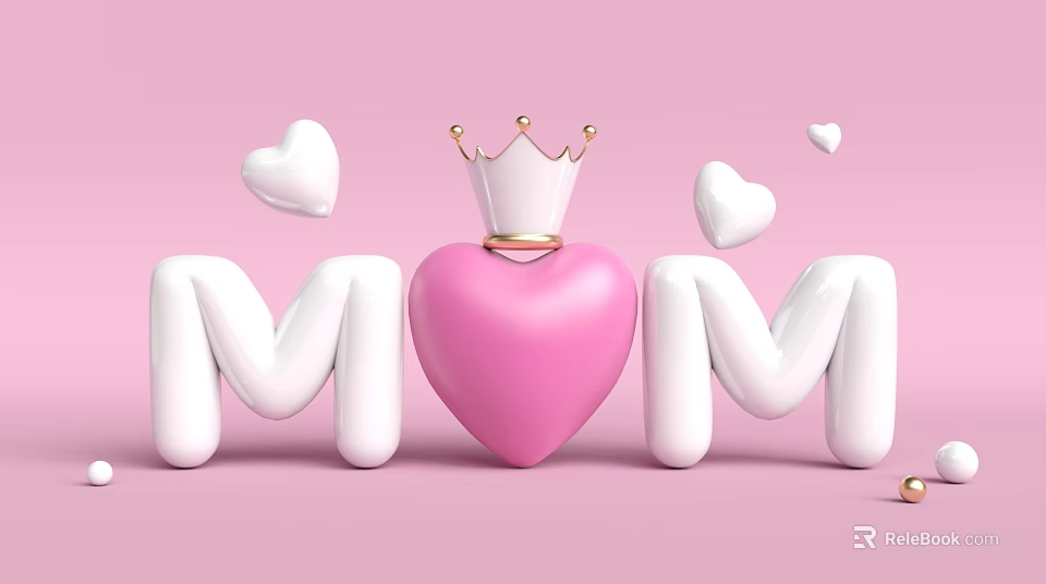MOM Letters Pink Heart Golden Crown Landscape Sculpture With White Hearts On Pink Background 3d model 