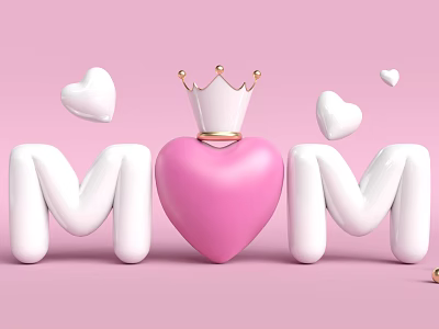 MOM Letters Pink Heart Golden Crown Landscape Sculpture With White Hearts On Pink Background 3d model