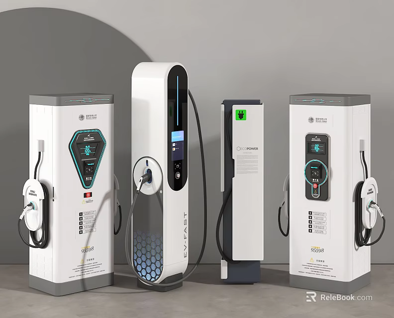 Modern Electric Vehicle Charging Stations With Different Models And Display Screens 3d model 