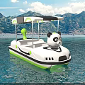 Panda Themed Pedal Boat With Canopy Floating On Calm Water Near Mountain View