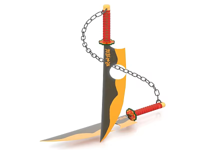 Traditional Dual Blade Chain Weapon With Red Handles Yellow Black Blades And Decorative Chain 3d model