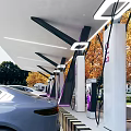 Modern Parking Lot Featuring Covered Canopy Charging Stations And Parked Cars Amid Autumn Trees