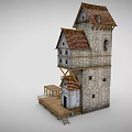 Tall Irregular Multi Level Building With Stone Walls Wooden Platforms And Tiled Roofs