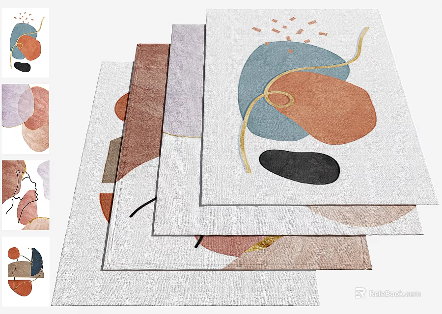 Abstract Organic Shape Square Rugs in Blue Orange Black Stacked for Modern Home Decor 3d model 