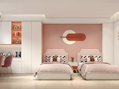 Kids Bedroom Interior With Pink Walls Twin Beds Decorative Art White Cabinets And Pink Chair 3d model