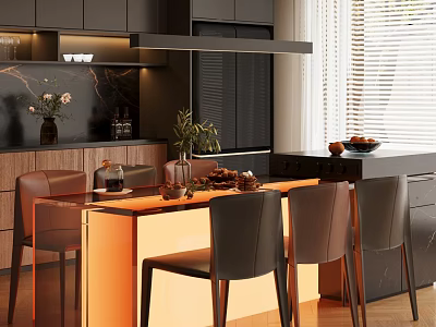 Modern Restaurant Interior With Dining Table Chairs Decorative Plants Warm Lighting And Black Cabinets 3d model