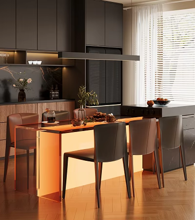 Modern Restaurant Interior With Dining Table Chairs Decorative Plants Warm Lighting And Black Cabinets 3d model