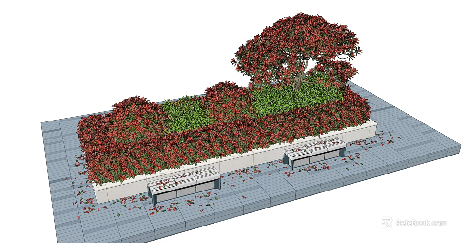 Red And Green Decorative Shrubs In Flower Bed With Benches On Paved Garden Area 3d model 