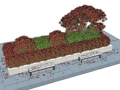 Red And Green Decorative Shrubs In Flower Bed With Benches On Paved Garden Area 3d model