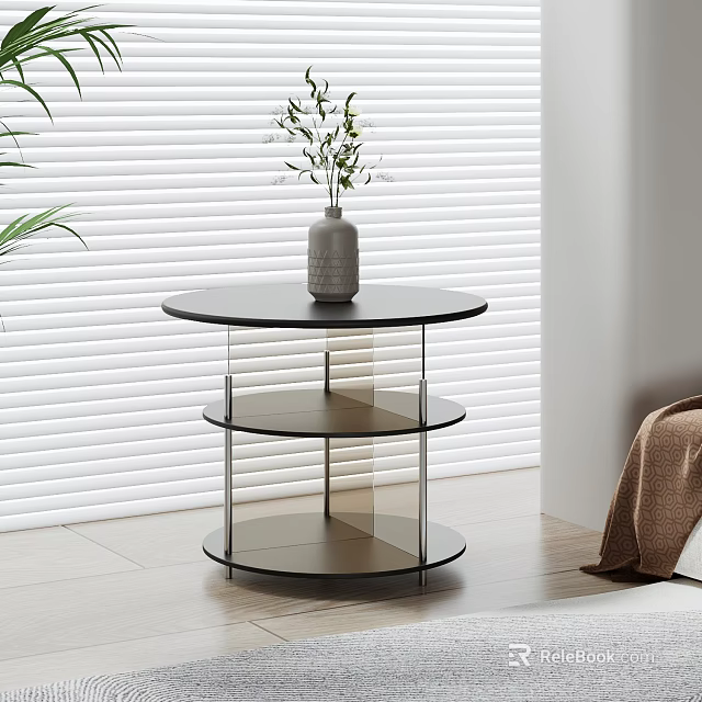 Modern Bedside Table With Black Top Transparent Glass Shelves Metal Frame Vase Plants Window Blinds 3d model 