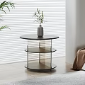Modern Bedside Table With Black Top Transparent Glass Shelves Metal Frame Vase Plants Window Blinds