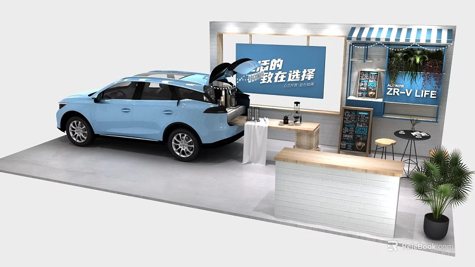 Modern Display Shelf with Light Blue Car Open Trunk and Blue Billboard in Convenience Store 3d model 