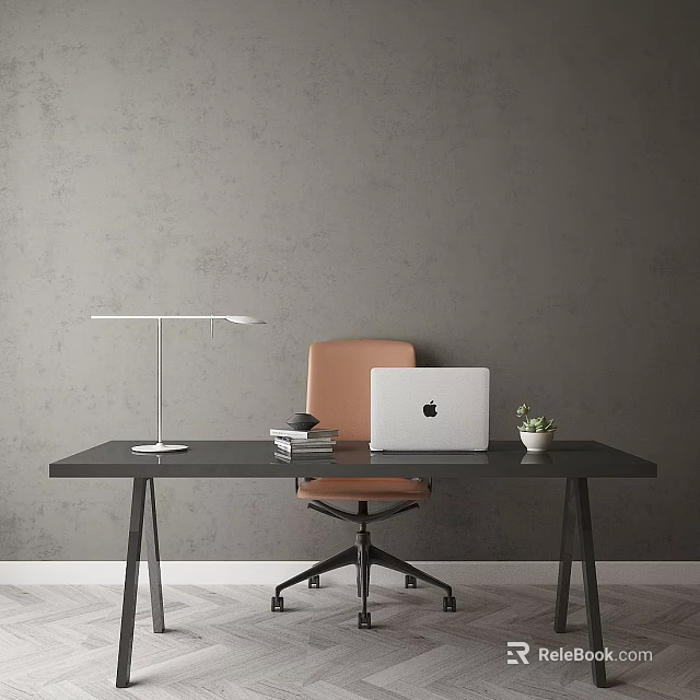 Black Desk with Silver Lamp Apple Laptop Books Plant and Brown Chair by Gray Wall 3d model 