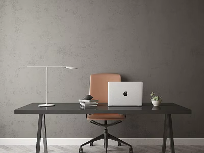 Black Desk with Silver Lamp Apple Laptop Books Plant and Brown Chair by Gray Wall 3d model