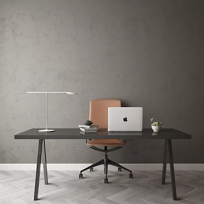 Black Desk with Silver Lamp Apple Laptop Books Plant and Brown Chair by Gray Wall 3d model