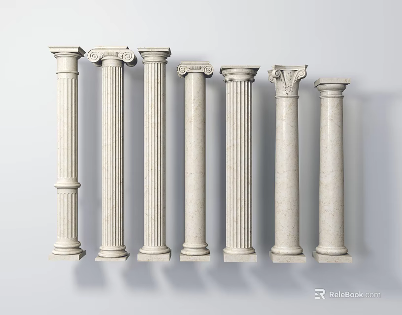 Seven Classical Roman Columns With Various Styles And White Stone Architectural Design 3d model 