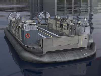 Hovercraft Number 4 With Pontoon Deck And Propeller Fans On Water Surface 3d model