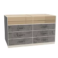 Modern Entryway Side Cabinet With Multiple Gray Drawers Black Panels And Metal Handles