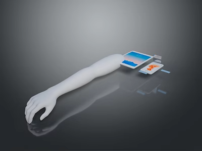 White Mechanical Arm With Electronic Device Screen Blue Display Orange Component On Reflective Surface 3d model