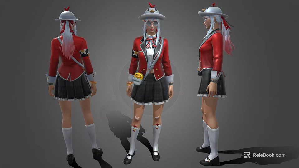 Game Movie Character Wearing Red Coat Black Skirt White Hat And Pink Hair Design 3d model 