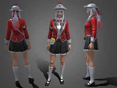 Game Movie Character Wearing Red Coat Black Skirt White Hat And Pink Hair Design 3d model