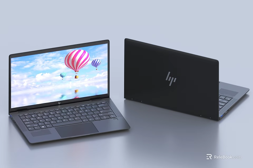 Two Black HP Laptops With Open Screen Showing Hot Air Balloons Blue Sky 3d model 