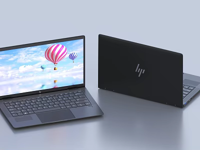 Two Black HP Laptops With Open Screen Showing Hot Air Balloons Blue Sky 3d model