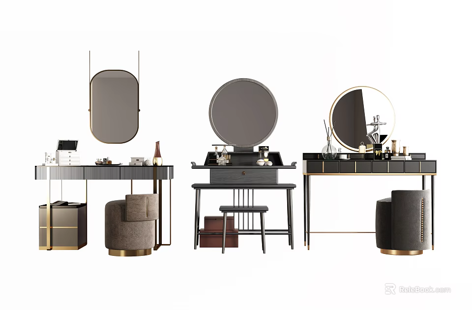 Modern Elegant Dressing Tables Featuring Round Mirrors Stools Storage Cabinets And Makeup Accessories 3d model